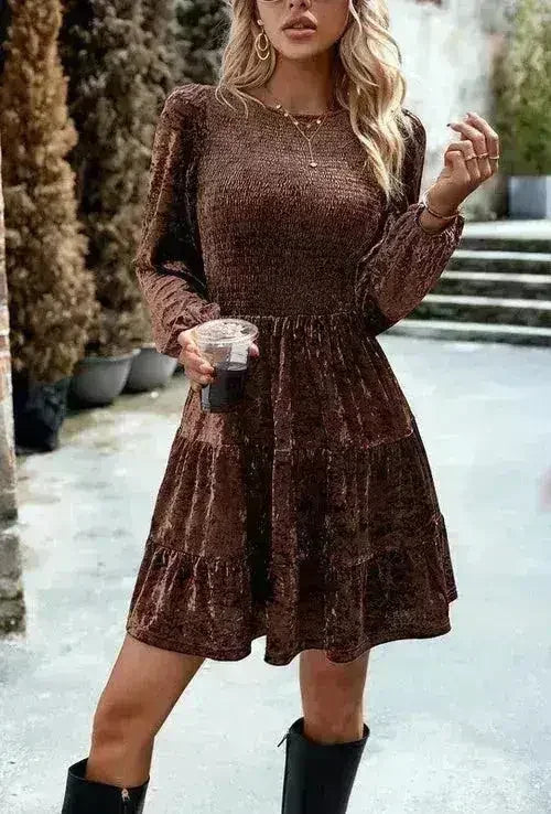 Smocked Velvet Long Sleeve Dress