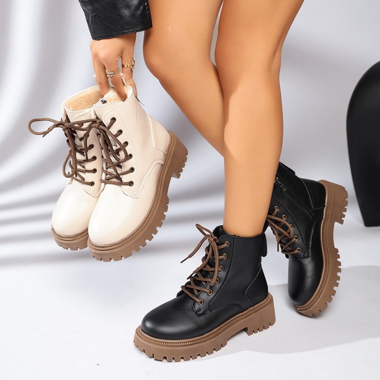 Women Fur Lined Platform Martin Boots Two Tone Lace Up Thick Lug Sole Ankle Booties PU Leather Side Zipper Warm Insulated Winter Combat Boots For Cold Weather Daily Street Wear
