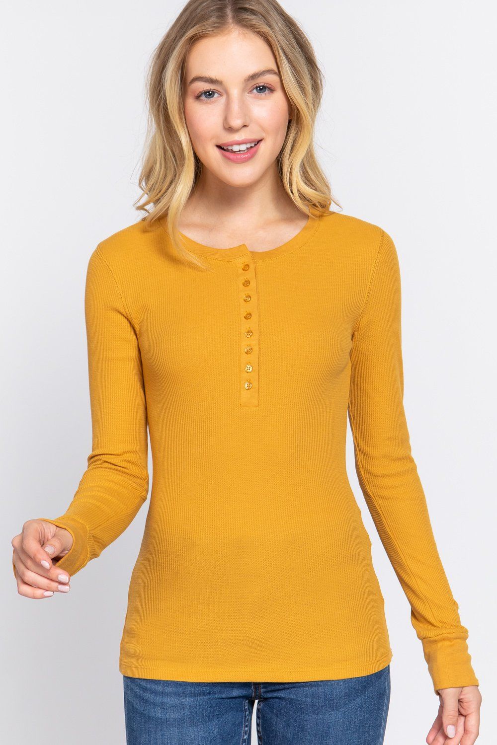 Active USA - Women's Long Sleeve Henley Thermal Knit Top - T11757