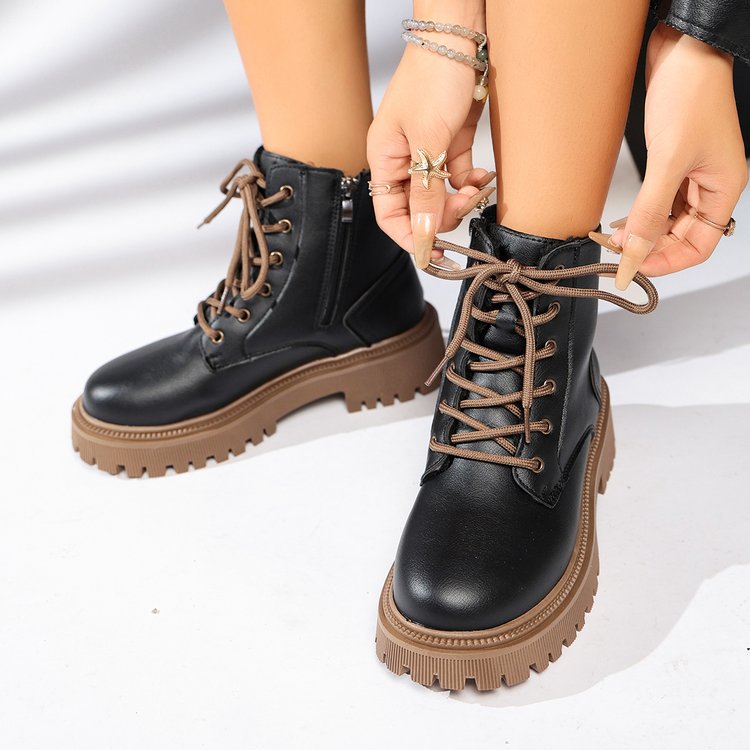 Women Fur Lined Platform Martin Boots Two Tone Lace Up Thick Lug Sole Ankle Booties PU Leather Side Zipper Warm Insulated Winter Combat Boots For Cold Weather Daily Street Wear