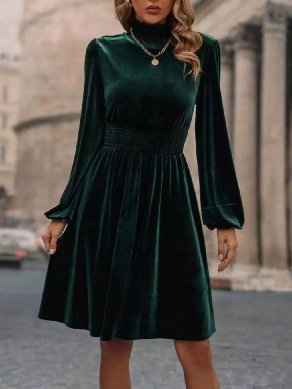 Velvet High Neck A-Line Dress
