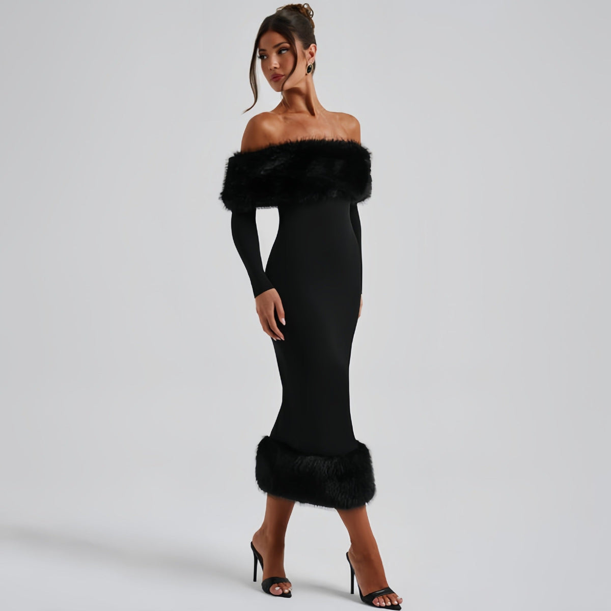 Fur Collar Long Sleeve Evening Dress