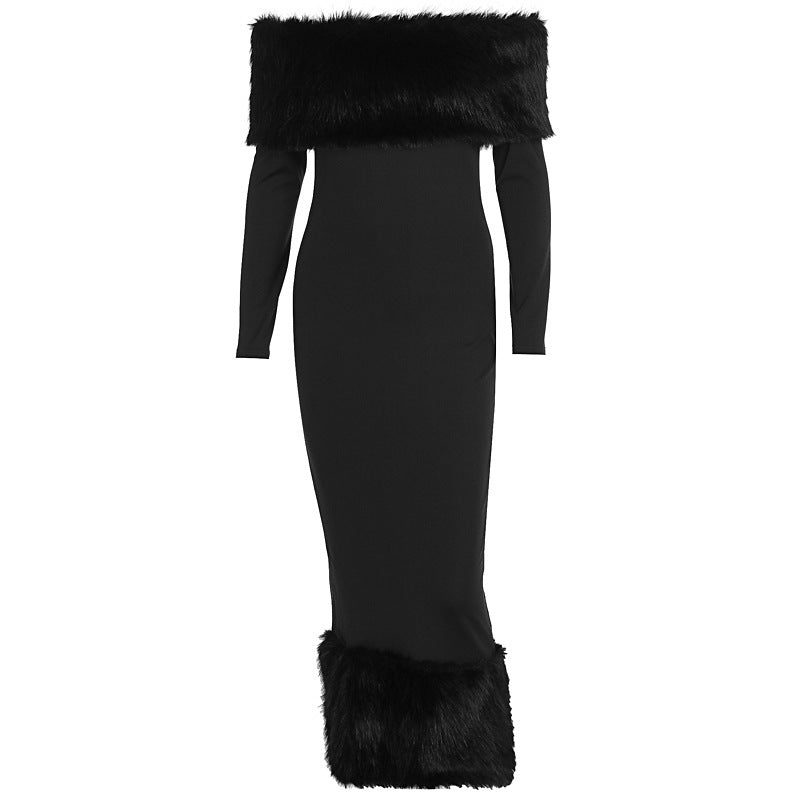 Fur Collar Long Sleeve Evening Dress