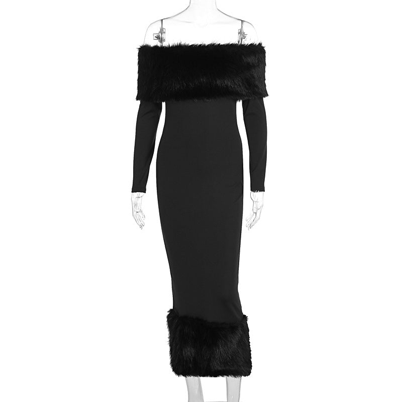 Fur Collar Long Sleeve Evening Dress
