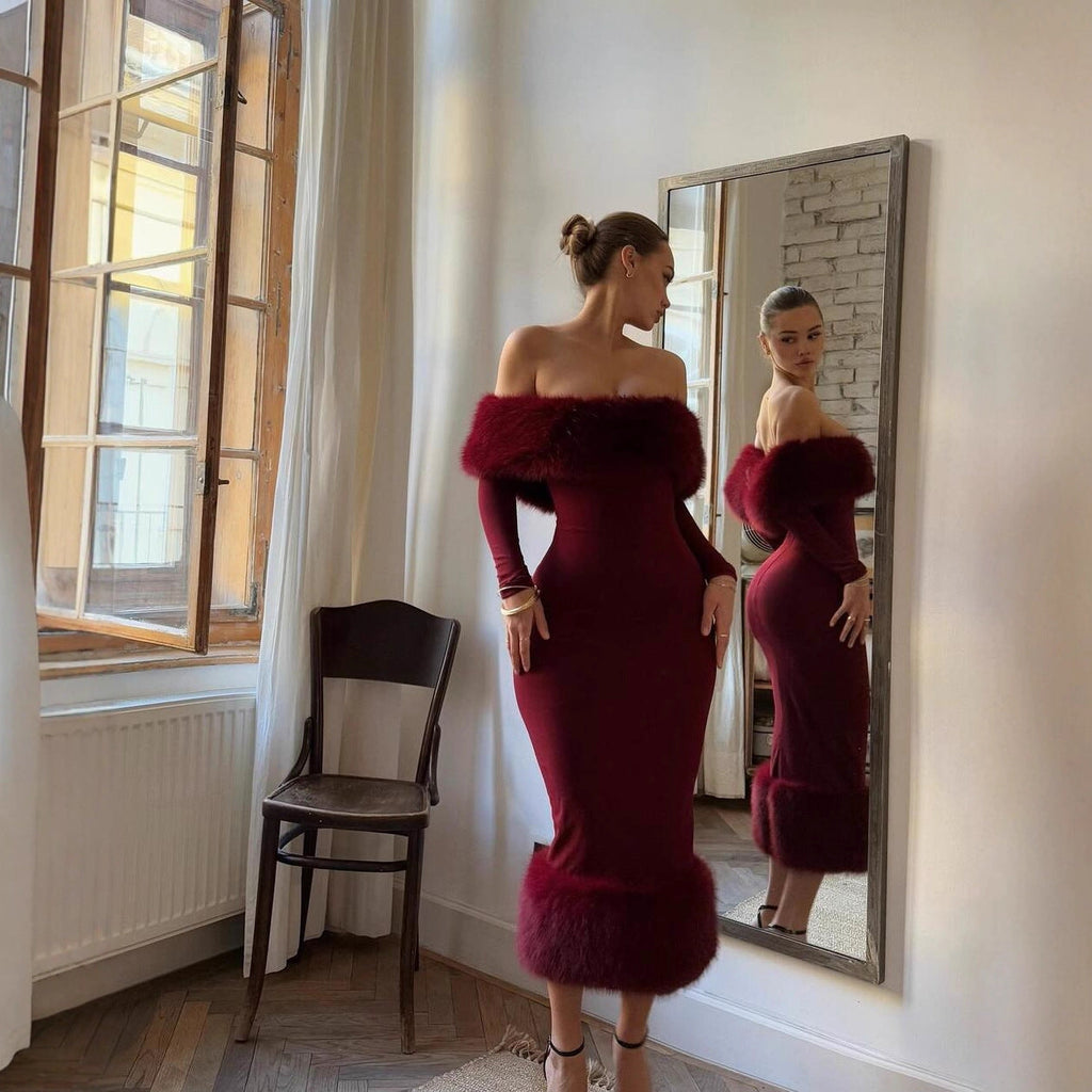 Fur Collar Long Sleeve Evening Dress