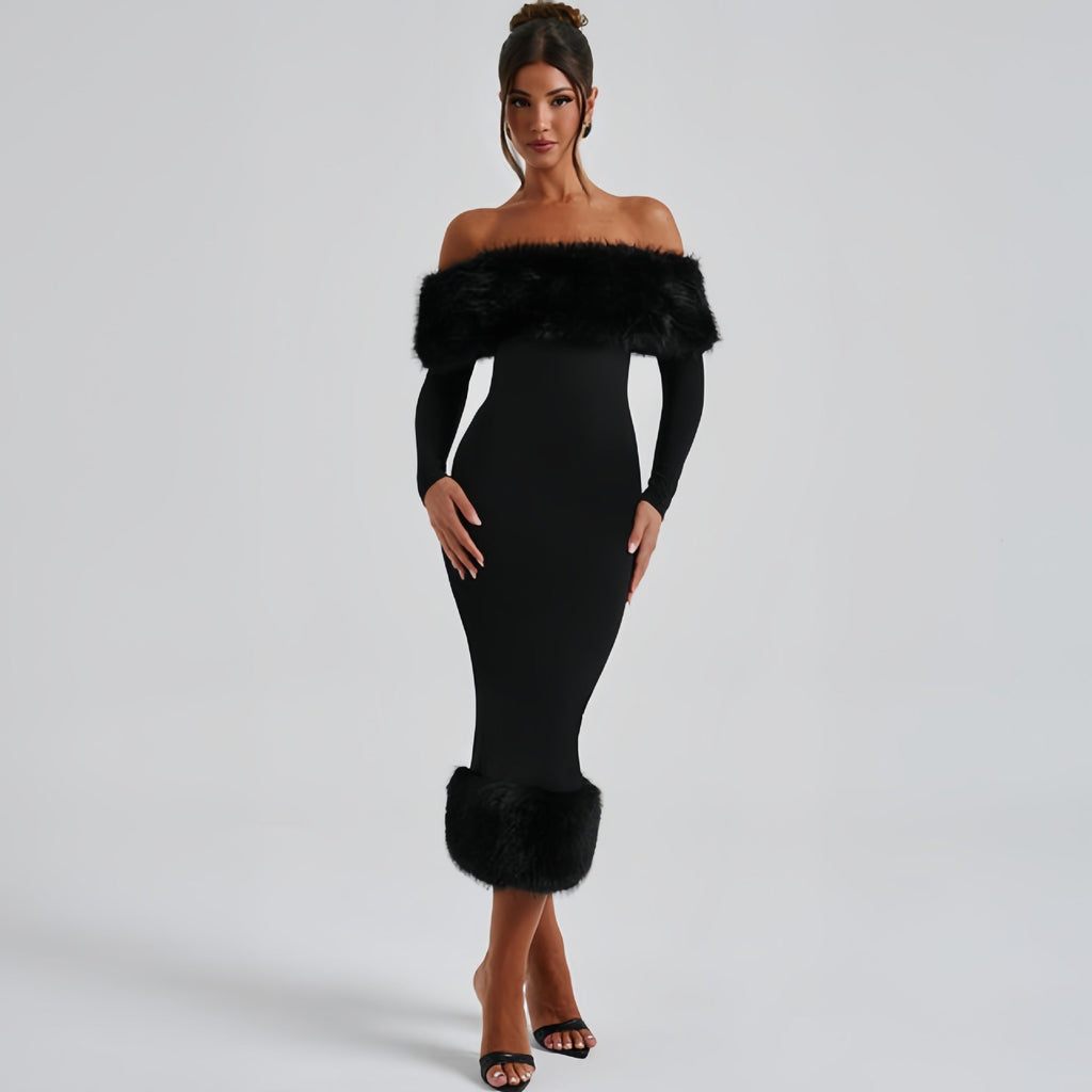 Fur Collar Long Sleeve Evening Dress