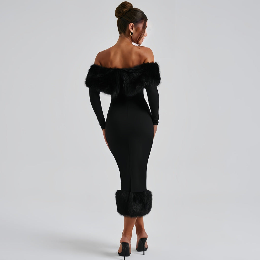 Fur Collar Long Sleeve Evening Dress