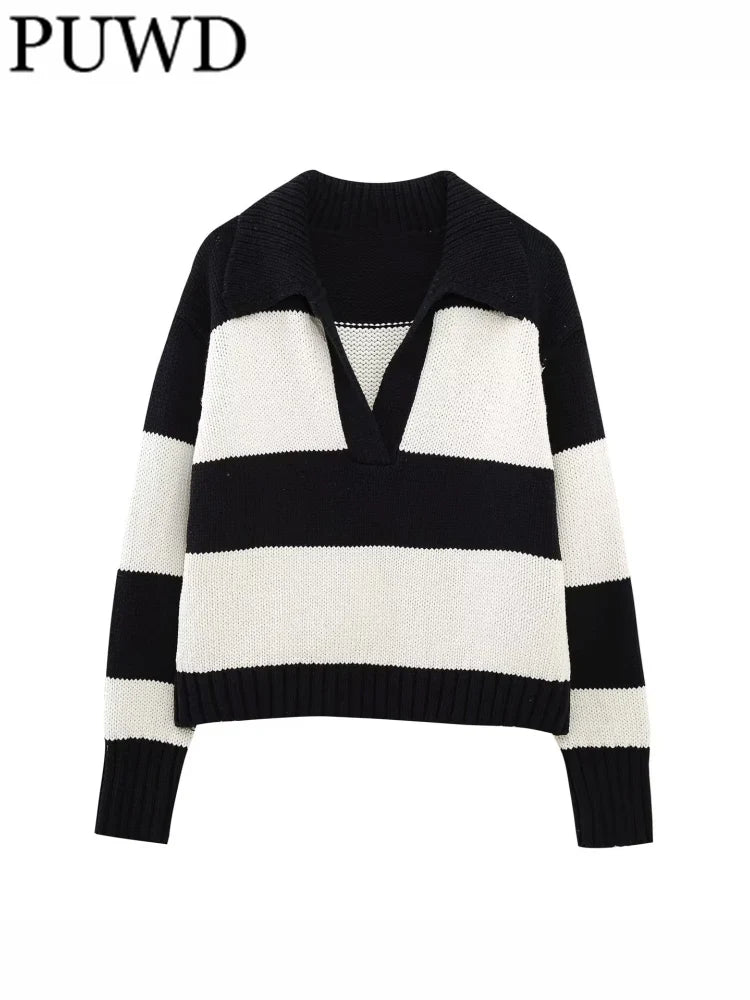 Black Striped Polo Neck Knit Sweater