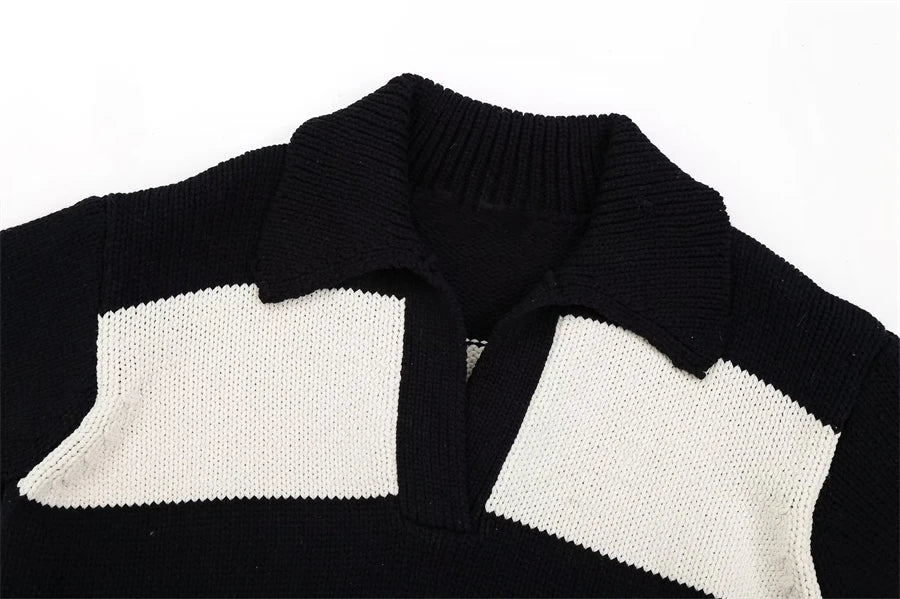 Black Striped Polo Neck Knit Sweater