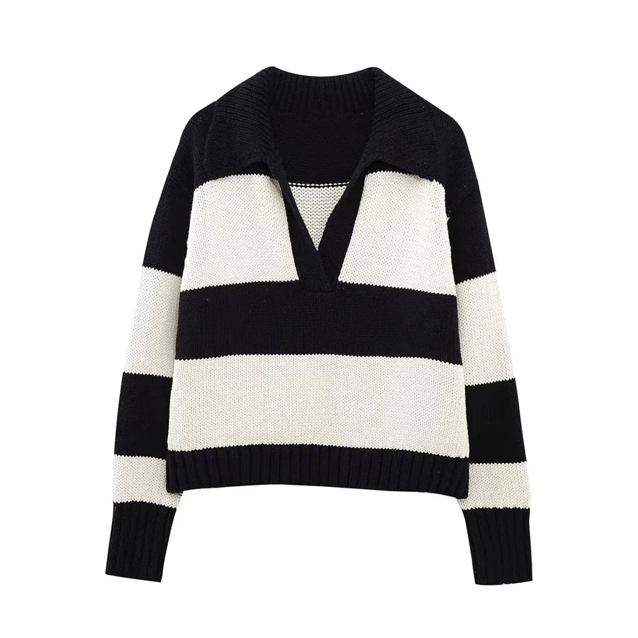 Black Striped Polo Neck Knit Sweater