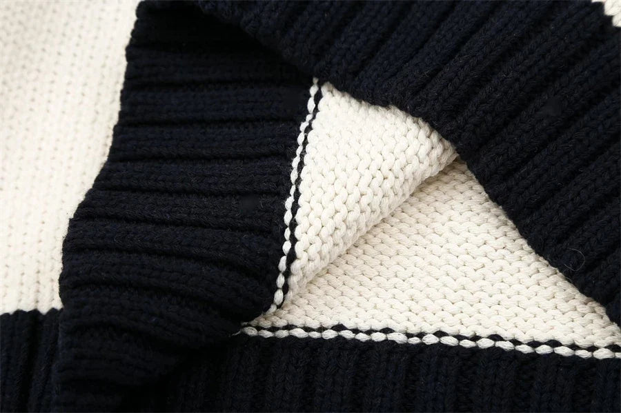 Black Striped Polo Neck Knit Sweater