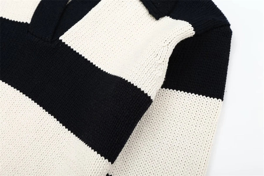 Black Striped Polo Neck Knit Sweater