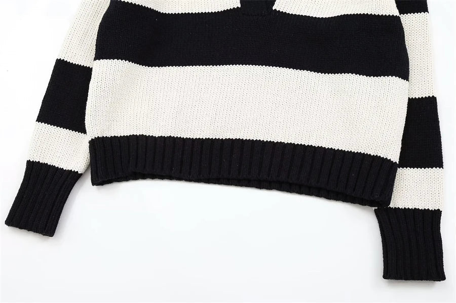 Black Striped Polo Neck Knit Sweater