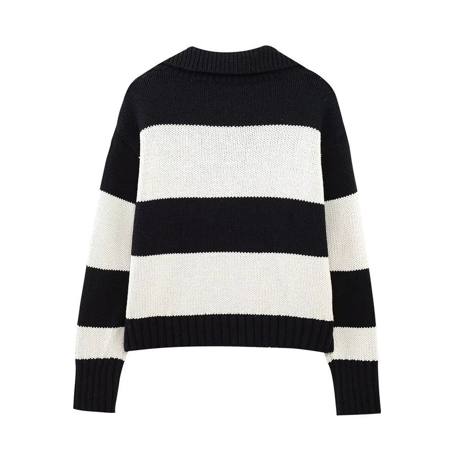 Black Striped Polo Neck Knit Sweater