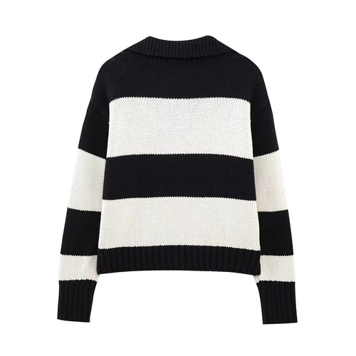 Black Striped Polo Neck Knit Sweater