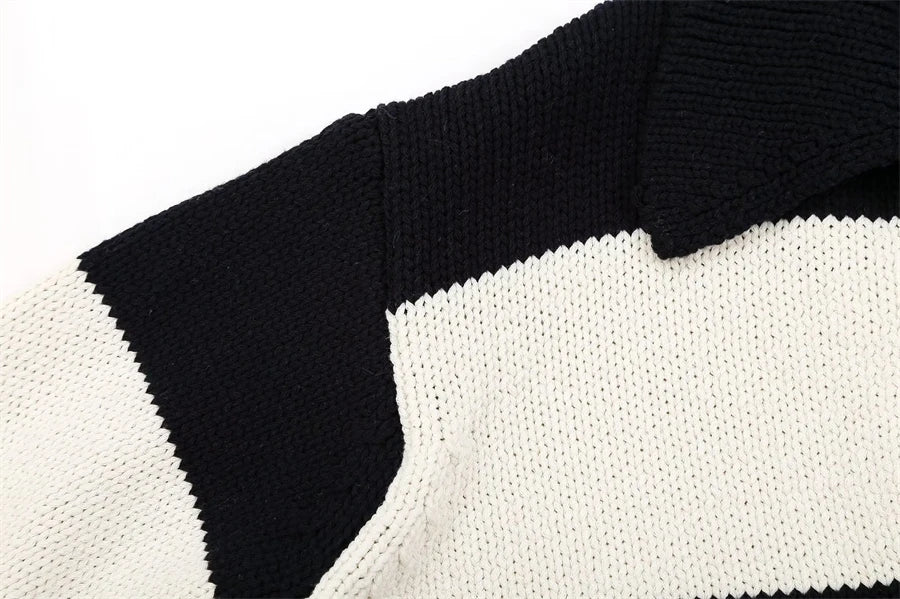 Black Striped Polo Neck Knit Sweater