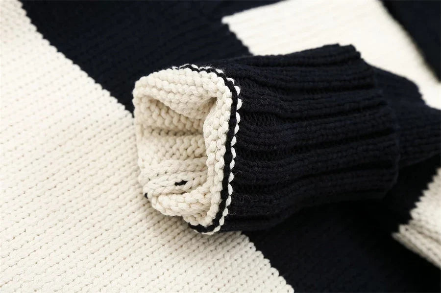 Black Striped Polo Neck Knit Sweater