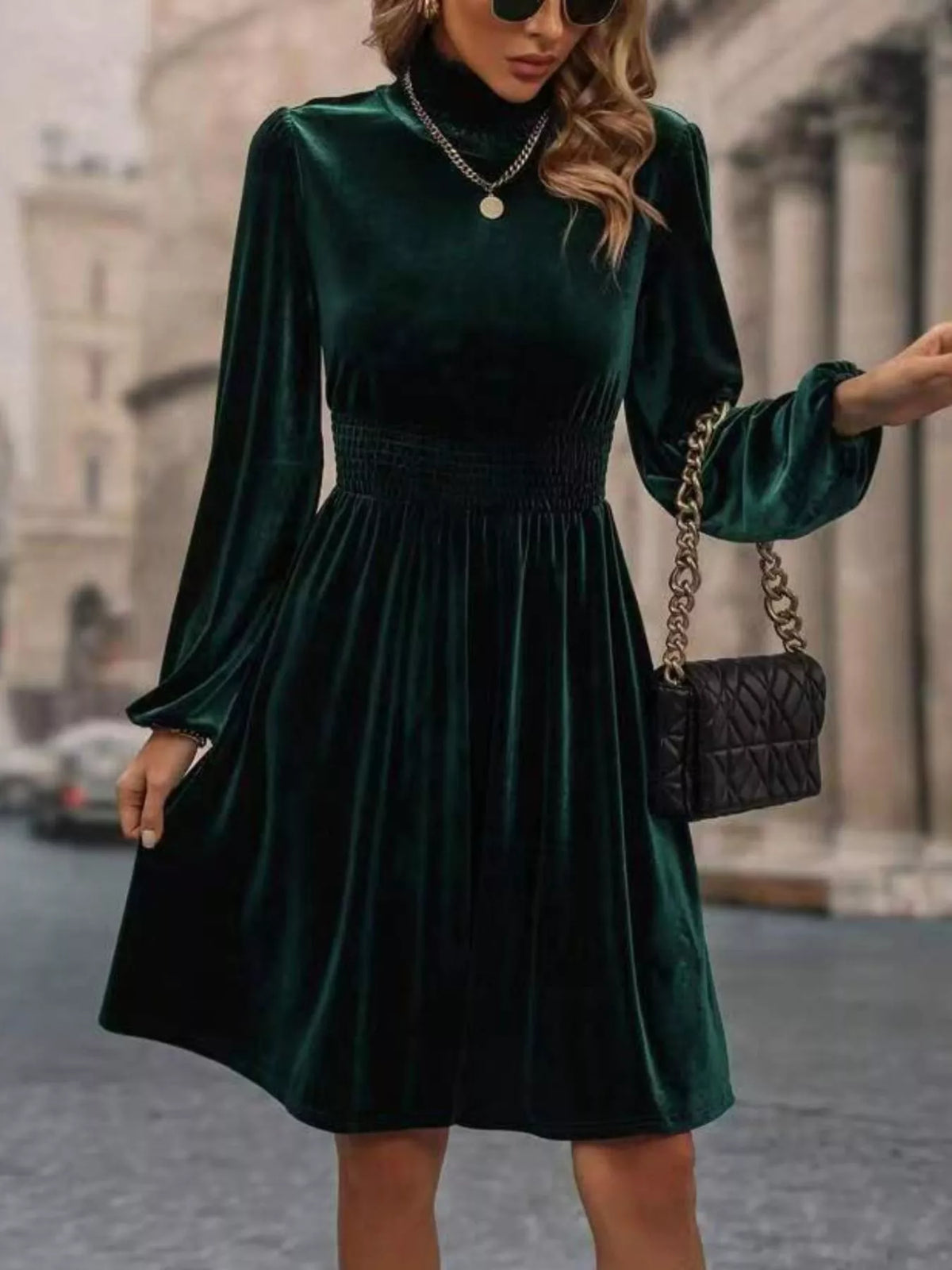 Velvet High Neck A-Line Dress