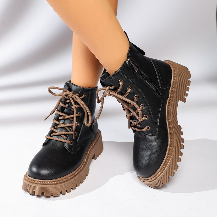Women Fur Lined Platform Martin Boots Two Tone Lace Up Thick Lug Sole Ankle Booties PU Leather Side Zipper Warm Insulated Winter Combat Boots For Cold Weather Daily Street Wear