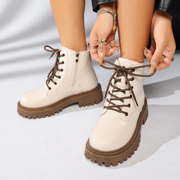 Women Fur Lined Platform Martin Boots Two Tone Lace Up Thick Lug Sole Ankle Booties PU Leather Side Zipper Warm Insulated Winter Combat Boots For Cold Weather Daily Street Wear