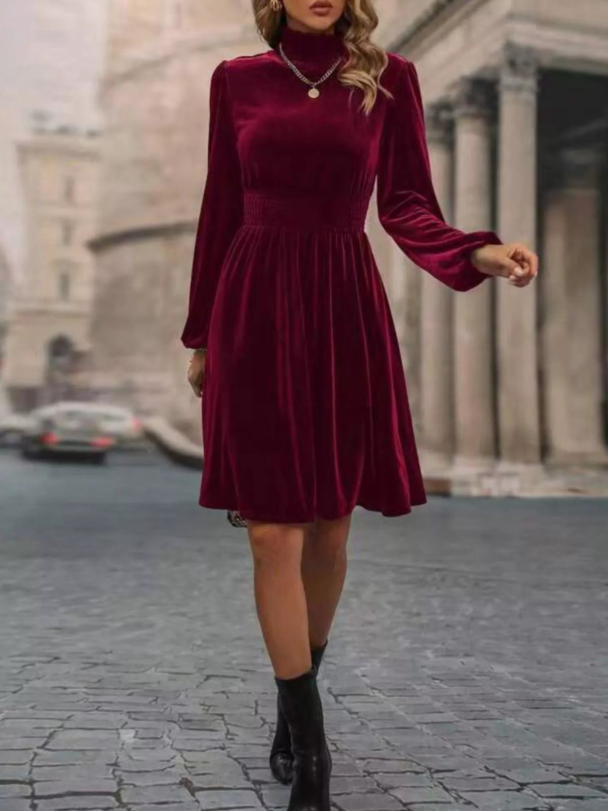 Velvet High Neck A-Line Dress